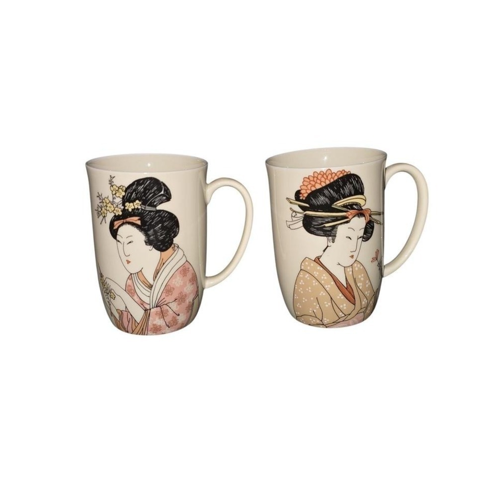 Fitz and Floyd Geisha Mugs Set of 2 MCMLXXVI Vintage Japanese Ceramic Coffee Tea